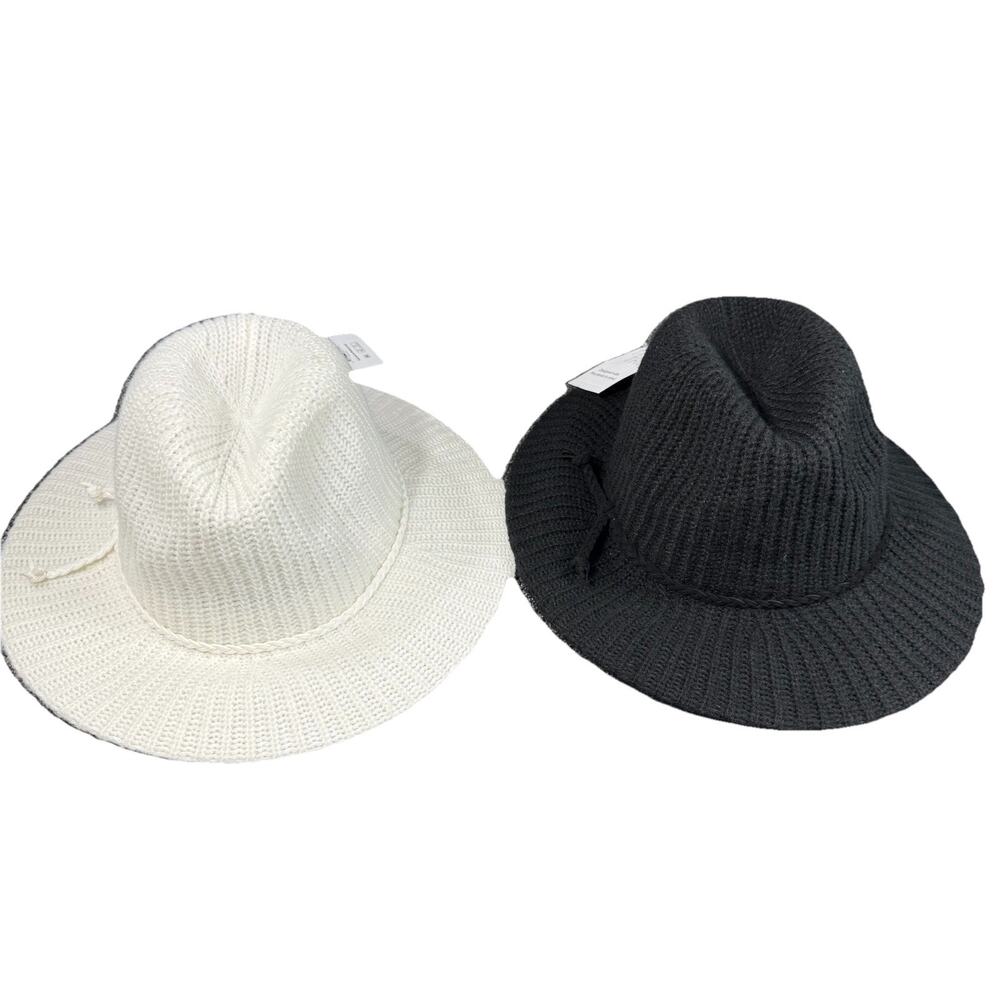 LOT 2 Time and Tru Women’s Ribbed Knit Fedora, One Size Fits Most, Black White